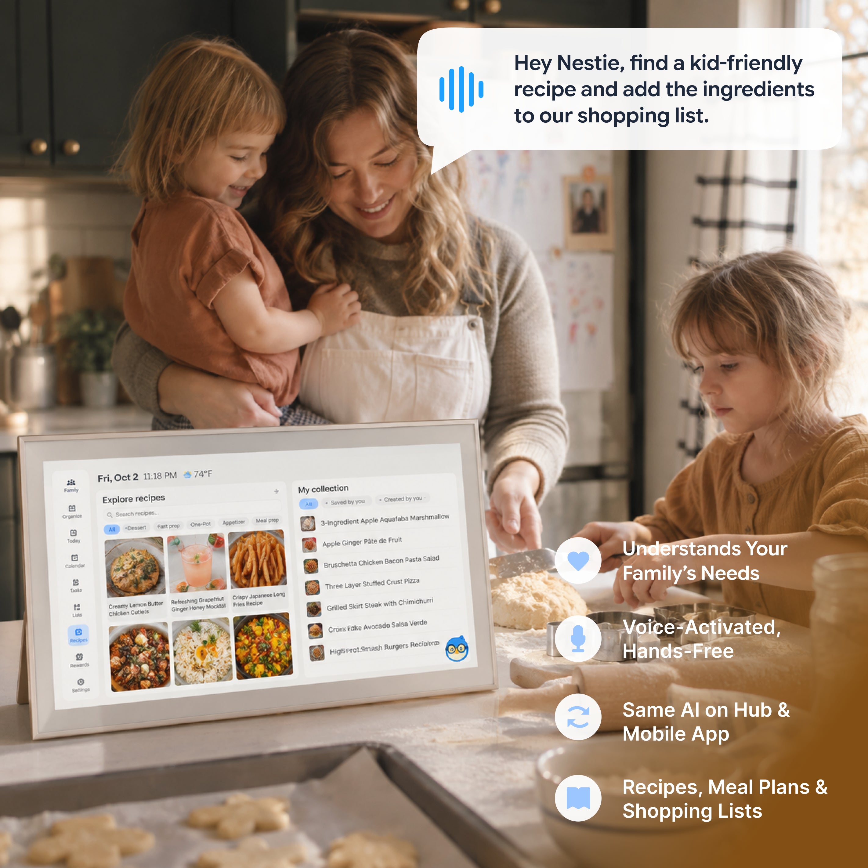 A mother and two children baking together, with Nestify Hub displaying recipes on the kitchen table